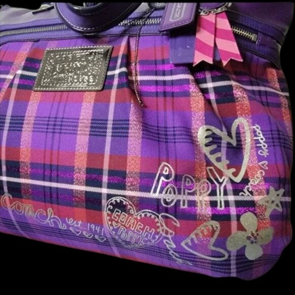 Coach Limited Edition Poppy Purple Tartan Plaid Large Glam Tote Bag - Picture 9 of 10